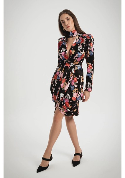 Kadın Siyah Flora Dress Çiçek Desenli Elbise
