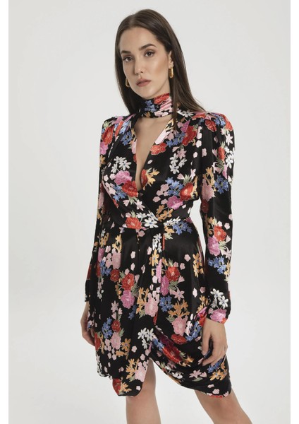 Kadın Siyah Flora Dress Çiçek Desenli Elbise