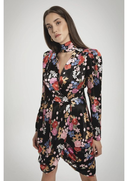 Kadın Siyah Flora Dress Çiçek Desenli Elbise