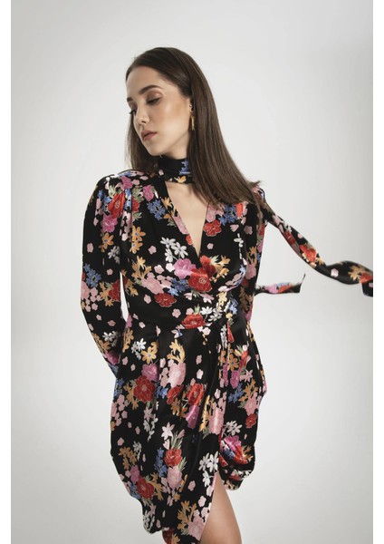 Kadın Siyah Flora Dress Çiçek Desenli Elbise