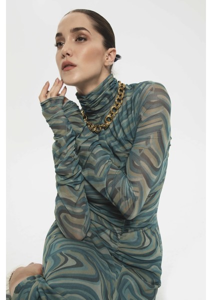 Kadın Yeşil Tempus Dress Balıkçı Yaka Uzun Elbise