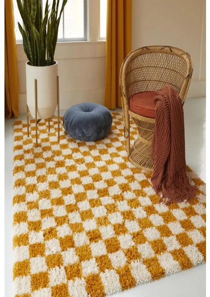 Chess Dama Desenli Kemik-Hardal Salon Oturma Odası Yatak Odası Koridor Makine Halısı Yolluk Shaggy