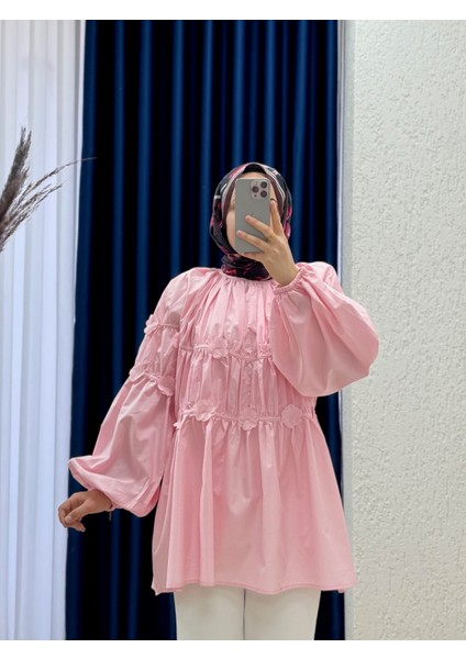 Nubuna Şeritleri Çiçekli GÖMLEK-MF1793 Pembe