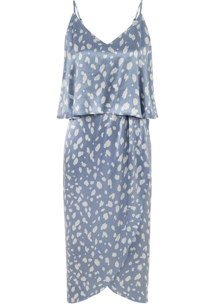 Kadın Mavi Camenta Dress Askılı Desenli Saten Elbise
