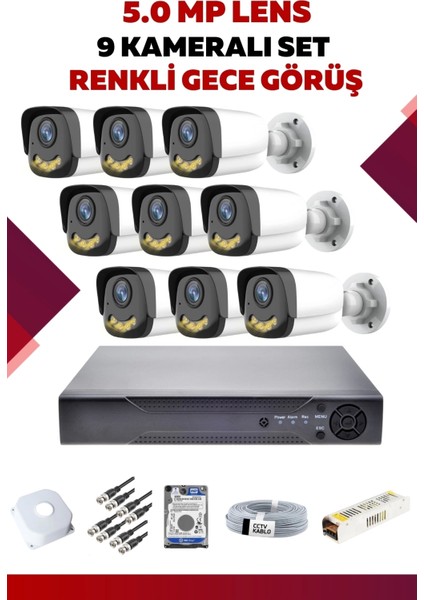 9 Kameralı Set - 5mp Sony Lensli Full Hd Gece Görüşlü Güvenlik Kamerası Sistemi - QTJ1IHABEF