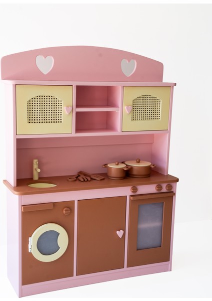 Wood & Joy Doğal Ahşap Pembe Mutfak Evcilik Seti Oyuncak Seti