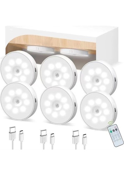 LED Uzaktan Kumandalı Üç Renkli Dolap Işığı, Hareket Sensörlü Şarj Edilebilir Işık, Tezgah Altı Işık (6'lı Paket) (Yurt Dışından)