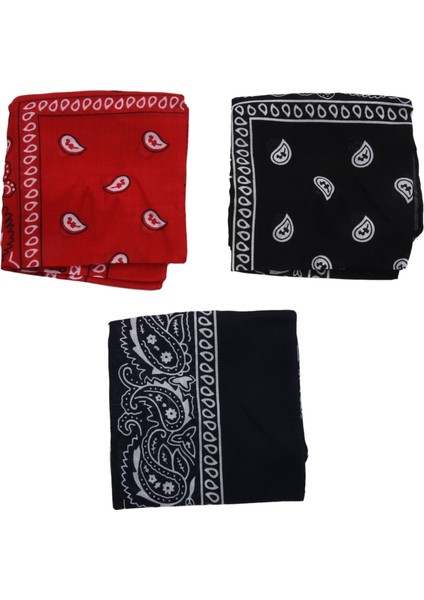 3'lü Bandana Seti Paisley Erkek ve Kadın 57 x 57 cm Siyah + Kırmızı + Lacivert (Yurt Dışından)