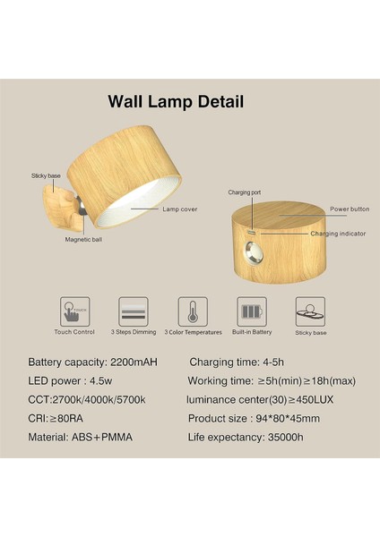 Iç Mekan Duvar Lambası, USB Şarj Edilebilir Pil Duvar Lambası, Sıcak/doğal/beyaz Işık, 3 Parlaklık Seviyesi, Dokunmatik Kontrol Ahşap (Yurt Dışından)