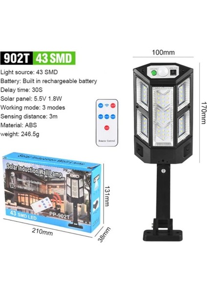 Açık Güneş Sokak Duvar Işığı Sensörü Pır Hareket LED Lamba Uzaktan Kumanda Bahçe -43SMD (Yurt Dışından)