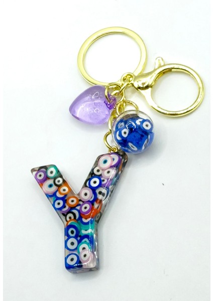 Renkli Nazar Boncuklu Y Harfi Anahtarlık, El Yapımı Hediyelik Çanta Süsü