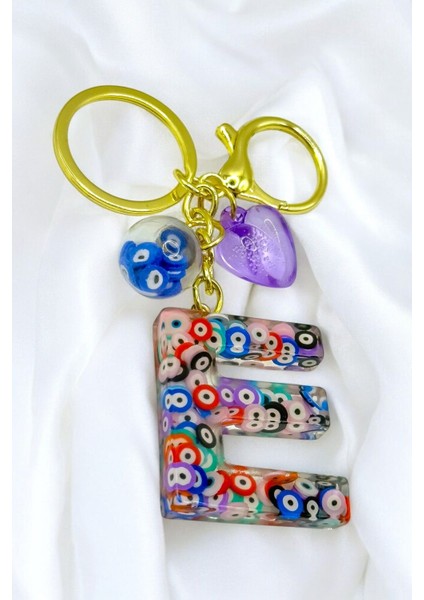 Renkli Nazar Boncuklu E Harfi Anahtarlık, El Yapımı Hediyelik Çanta Süsü
