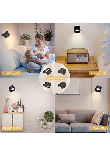 Iç Mekan Duvar Lambası, USB Şarj Edilebilir Pil Duvar Lambası, Sıcak/doğal/beyaz Işık, 3 Parlaklık Seviyesi, Dokunmatik Kontrol Siyah (Yurt Dışından)