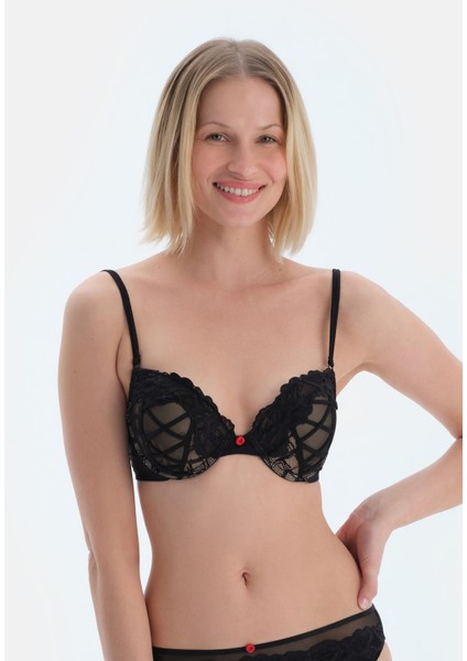 Siyah Önü Zigzag ve Aksesuar Detaylı Dantelli Sütyen