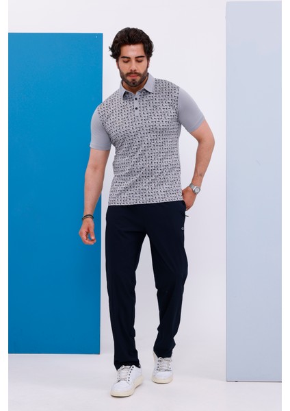 Erkek Kombin Mini Jaker Kumaş Gri Melanj Polo Yaka Düğmeli Kısa Kol T-Shirt Eşofman Alt-Üst Takım - 112