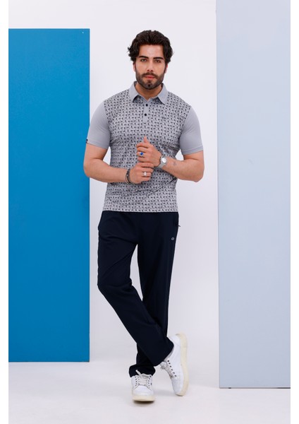 Erkek Kombin Mini Jaker Kumaş Gri Melanj Polo Yaka Düğmeli Kısa Kol T-Shirt Eşofman Alt-Üst Takım - 112