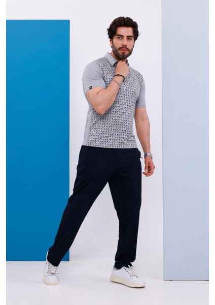 Erkek Kombin Mini Jaker Kumaş Gri Melanj Polo Yaka Düğmeli Kısa Kol T-Shirt Eşofman Alt-Üst Takım - 112
