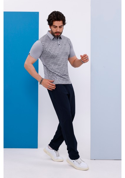 Erkek Kombin Mini Jaker Kumaş Gri Melanj Polo Yaka Düğmeli Kısa Kol T-Shirt Eşofman Alt-Üst Takım - 112