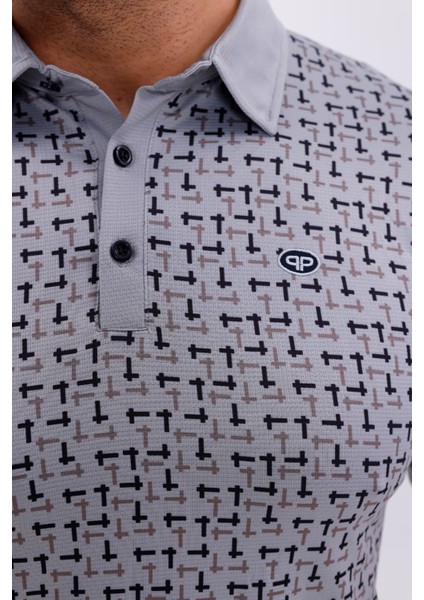 Erkek Kombin Mini Jaker Kumaş Gri Melanj Polo Yaka Düğmeli Kısa Kol T-Shirt Eşofman Alt-Üst Takım - 112