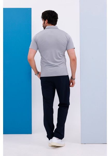 Erkek Kombin Mini Jaker Kumaş Gri Melanj Polo Yaka Düğmeli Kısa Kol T-Shirt Eşofman Alt-Üst Takım - 112