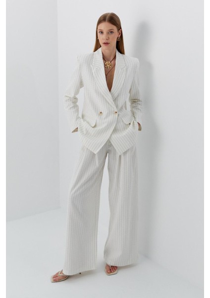 Keten Blazer Ceket Pantolon Takım Ekru
