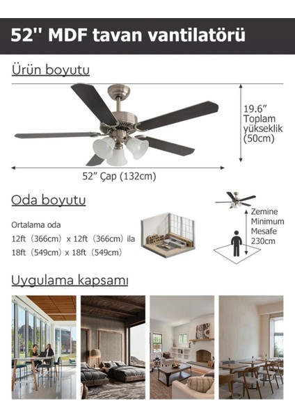 Brisote 132CM Mat Krom Motor 3 Lambalı Tavan Vantilatörü