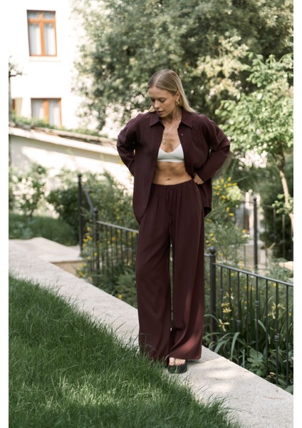 Nunzia Arka Detaylı Bordo Oversize Gömlek Pantolon Takım