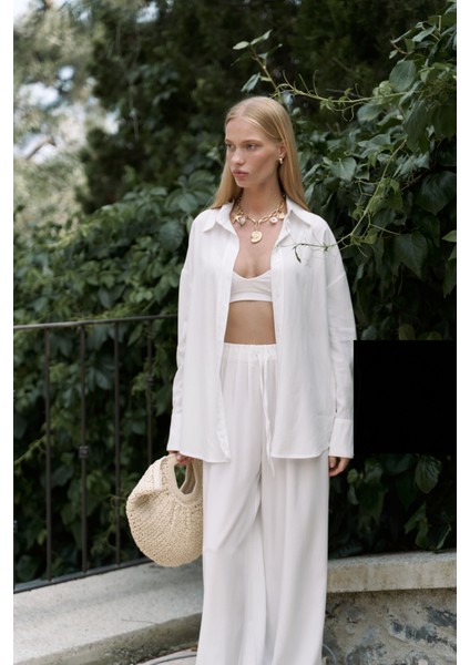 Nunzia Arka Detaylı Ekru Oversize Gömlek Pantolon Takım modelleri
