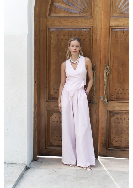 Moibel Bağcık Detay Pembe Crop Pantolon Takım