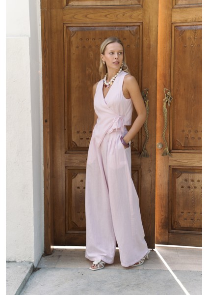 Moibel Bağcık Detay Pembe Crop Pantolon Takım
