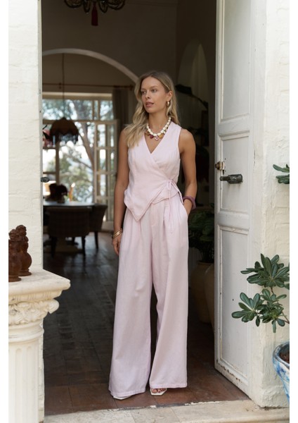 Moibel Bağcık Detay Pembe Crop Pantolon Takım