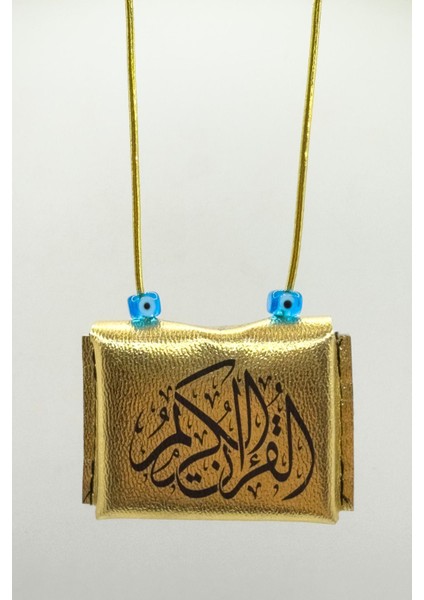 Altın Renkli Kare Nazarlı Deri Çantalı Mini Kur'an-I Kerim Lastikli Araba Dikiz Ayna Süsü fiyatları