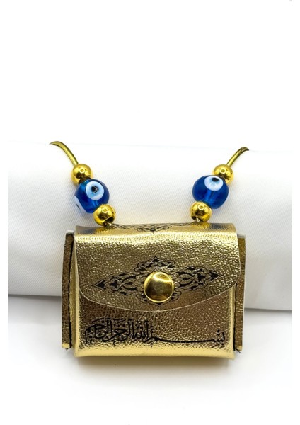 El Yapımı Cam Nazar Boncuklu Deri Çantalı Mini Kur'an-I Kerim Lastikli Araba Dikiz Ayna Süsü