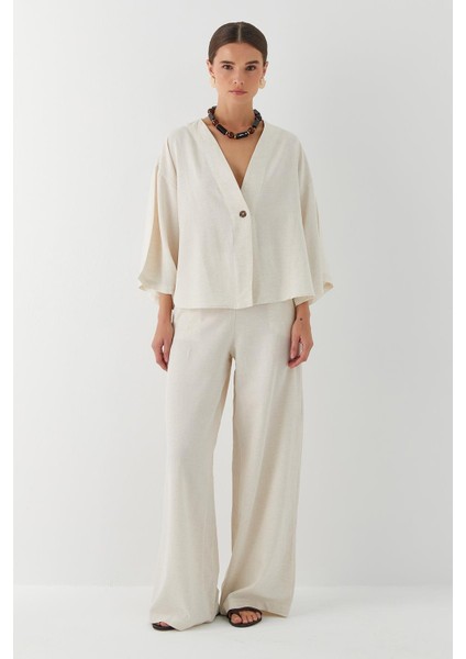 Keten Kimono Pantolon Takım Ekru