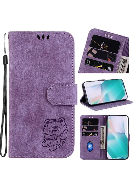 IPhone 16E Kart Cep Flip Folio Kabartmalı Sevimli Kaplan Tutucu Için Kılıf (Yurt Dışından)