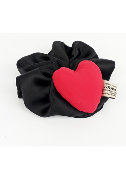 El Yapımı Siyah Saten Scrunchies Toka Kırmızı Kalp indirimleri