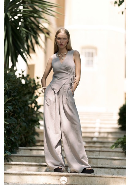 Moibel Bağcık Detay Gri Crop Pantolon Takım