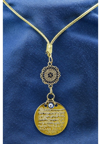 Zirkon Çiçek Nazar Boncuklu Metal Ayetel Kürsi Araba Dikiz Ayna Süsü, Gold Renkli fırsatları