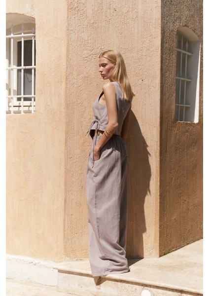 Moibel Bağcık Detay Gri Crop Pantolon Takım modelleri