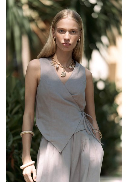 Moibel Bağcık Detay Gri Crop Pantolon Takım indirimleri