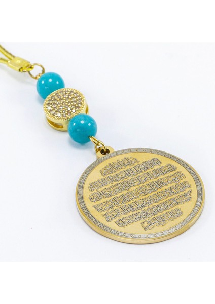 Zirkon Taşlı Turkuaz Doğal Taşlı Çelik Çift Taraflı Ayetel Kürsi, Felak Nas Ihlas Dikiz Ayna Süsü