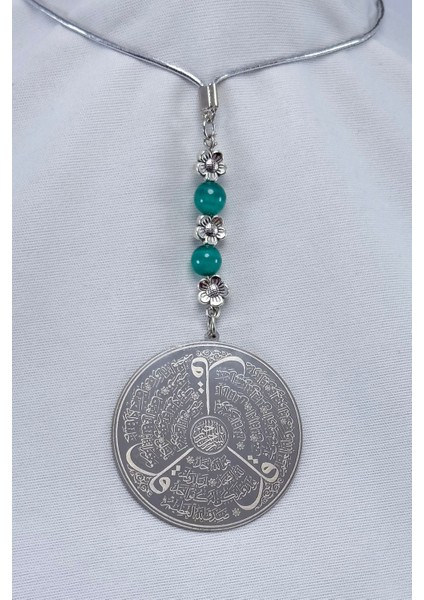 Turkuaz Taşlı Çelik Ayetel Kürsi Felak Nas Ihlas Çift Yön Araba Dikiz Ayna Süsü 4,5 cm Plaka fiyatları