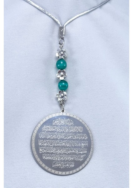 Turkuaz Taşlı Çelik Ayetel Kürsi Felak Nas Ihlas Çift Yön Araba Dikiz Ayna Süsü 4,5 cm Plaka modelleri