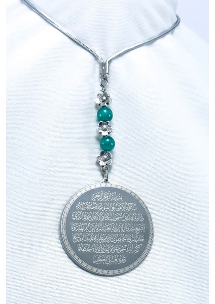 Turkuaz Taşlı Çelik Ayetel Kürsi Felak Nas Ihlas Çift Yön Araba Dikiz Ayna Süsü 4,5 cm Plaka