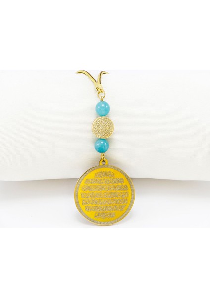 Zirkon Taşlı Turkuaz Doğal Taşlı Çelik Çift Taraflı Ayetel Kürsi, Felak Nas Ihlas Dikiz Ayna Süsü