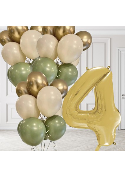 4 Yaş Retro Küf Yeşili Krom Gold Kum Beji Balon Seti Gold Rakam Doğum Günü Balonu Şık Parti Süsleme