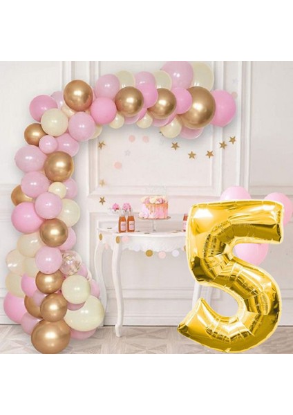 5 Yaş Krom Gold Pastel Pembe ve Beyaz Balon Seti Gold Rakamlı Doğum Günü Balonu Şık Parti Süsleme
