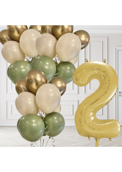 2 Yaş Retro Küf Yeşili Krom Gold Kum Beji Balon Seti Gold Rakam Doğum Günü Balonu Şık Parti Süsleme