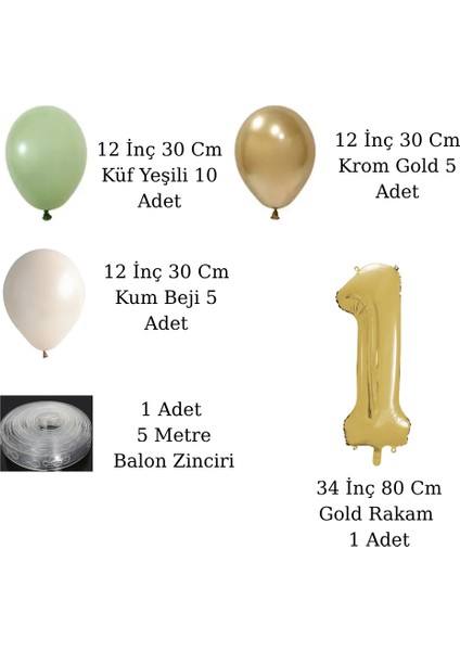 2 Yaş Retro Küf Yeşili Krom Gold Kum Beji Balon Seti Gold Rakam Doğum Günü Balonu Şık Parti Süsleme