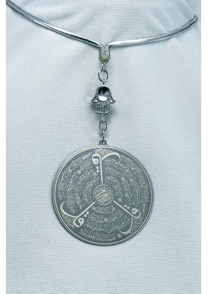 Parlak Taşlı Hamse Çelik Ayetel Kürsi Felak Nas Ihlas Çift Yön Araba Dikiz Ayna Süsü 4,5 cm Plaka